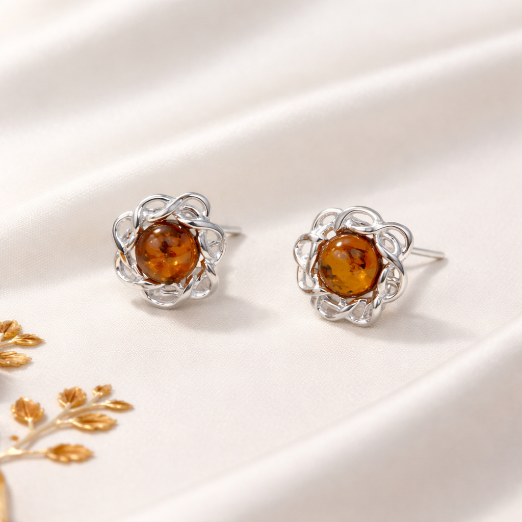 Amber Earring with Ornamental Detail.