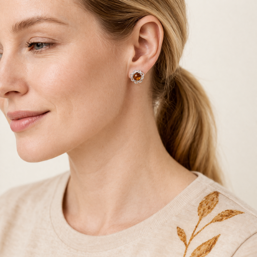 Amber Earring with Ornamental Detail. - Image 2